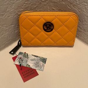 Badgley Mischka Zip Around Coin Purse Walley Yellow Quilted Vegan Leather NWT